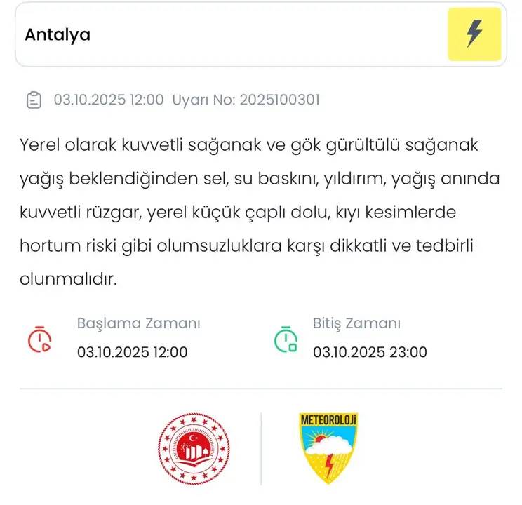 Antalya’da Kuvvetli Yağış Alarmı 1
